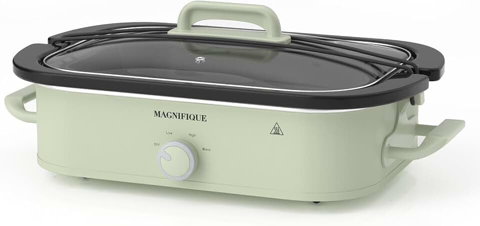 MAGNIFIQUE 4 Quart Slow Cooker with Ceramic Nonstick Baking Dish, Adjustable Temperature, Oven Safe for Lasagna & Roasts, Dishwasher Safe Stoneware & Tempered Glass Lid, Compact Crock Pot, Sage