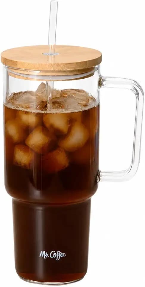 Mr. Coffee Crafted Calm 34 oz Borosilicate Glass Tumbler with Handle, Straw and Bamboo Lid, Iced Coffee Cup, BPA Free, Dishwasher Safe