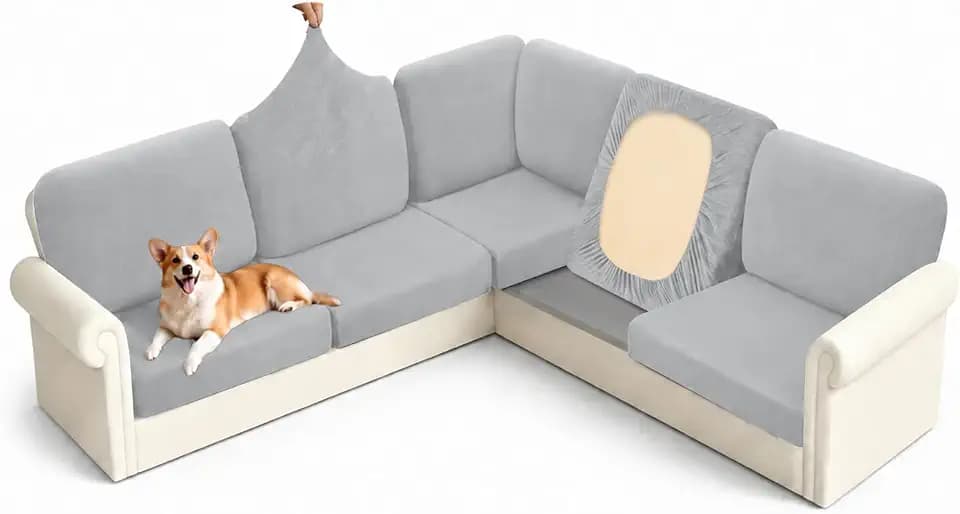Arfntevss Velvet Corner Sectional Couch Covers Slipcovers L Shape Couch Cushion Covers Fitted Stretch Pet Sofa Covers U Shaped Furniture Protector (5 Seat Covers 6 Back Cushion Covers, Platinum Gray)