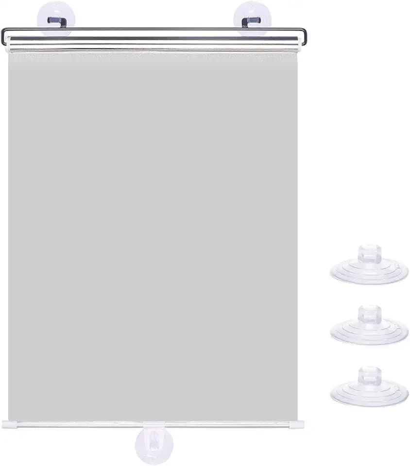 No Drilling Retractable Roller Window Shades W/3 Suction Cups, Black Blackout Blind Shade Temporary Cover Curtain for Home Bedroom Car (49.21" L×15.75" W, Silver Coating)