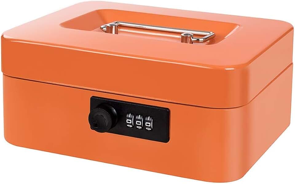 Cash Box with Money Tray and Combination Lock Metal Money Box Change Lock Box for Money 7.87" x 6.3" x 3.54" Orange