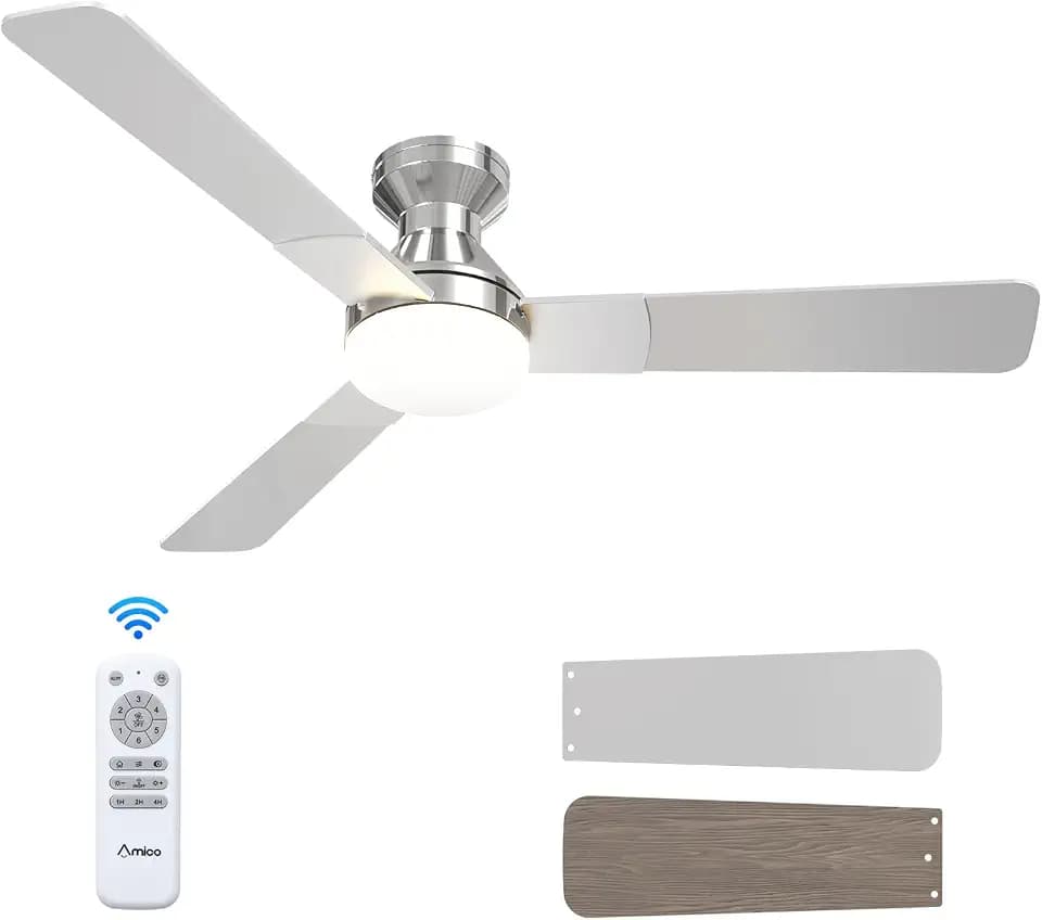 Amico 52 Inch Nickel Low Profile Ceiling Fans with Lights and Remote