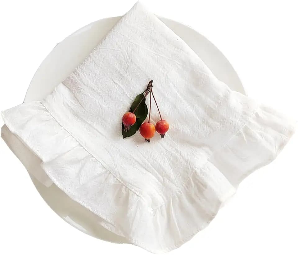 Cloth Napkins Set of 4, 14x20 inches Home Dinner placemat with Ruffle 100% Cotton Napkins Washable for Family Dinning Table, Thanksgiving Decor (White)
