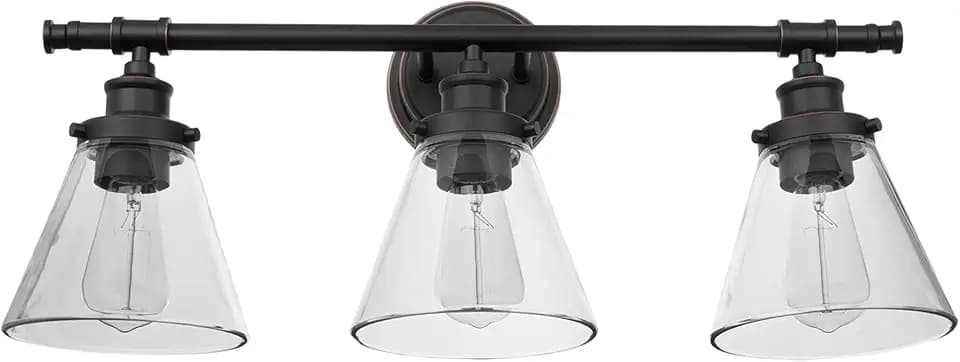 Globe Electric 51411 3-Light Vanity Light, Oil Rubbed Bronze, Clear Glass Shades, Bathroom Lights Over Mirror, Lights for Bathroom, Powder Room Lighting, Makeup Mirror Lights, Home Décor