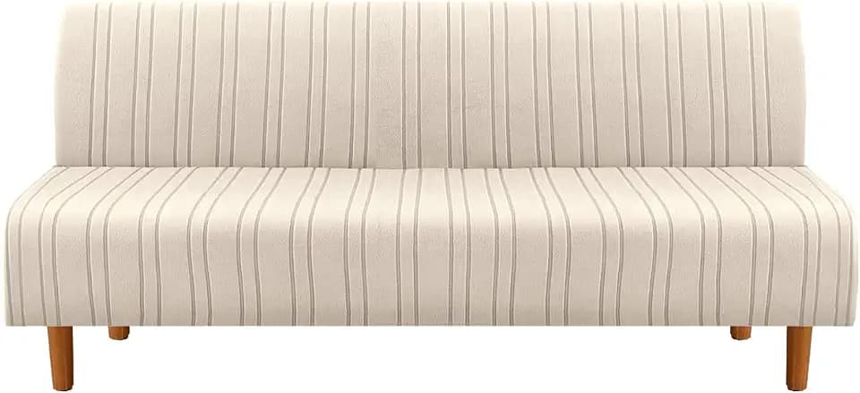 H.VERSAILTEX Stretch Futon Slipcover Armless Sofa Cover Furniture Protector Without Armrests Slipcover Soft with Elastic Bottom for Kids, Spandex Jacquard Modern Stripe Design, Natural