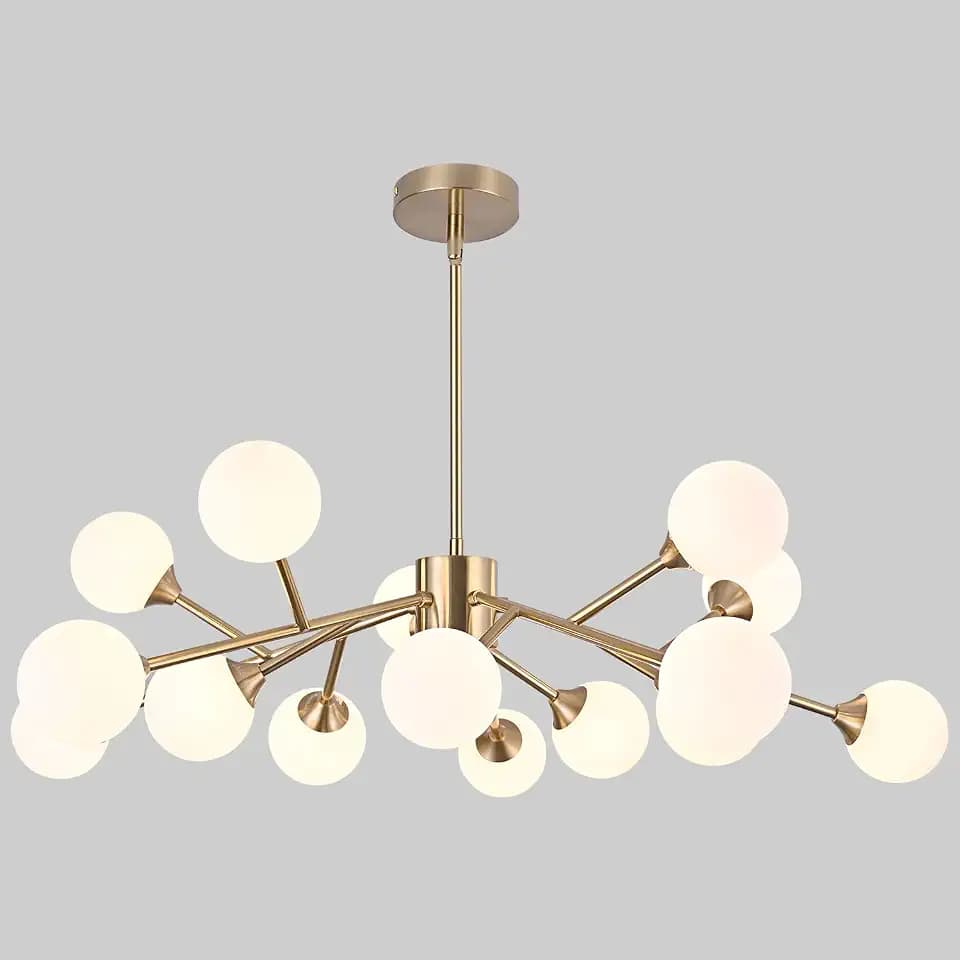 15-Lights Gold Sputnik Chandelier Mid Century Modern Sputnik Light Fixtures Brushed Brass Chandelier Ceiling Light White Glass Ball Sputnik Pendant Lights