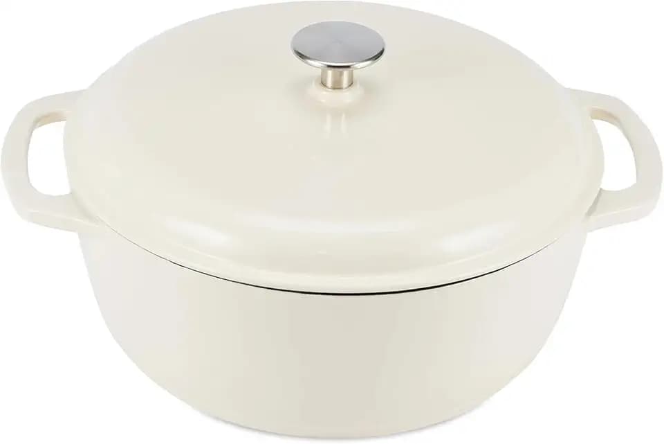 Amazon Basics Enameled Cast Iron Dutch Oven Pot With Lid, 4.3-Quart, Round, Dual Handles, Heavy-Duty, Oven Safe for Stews, Roasting & Baking, White