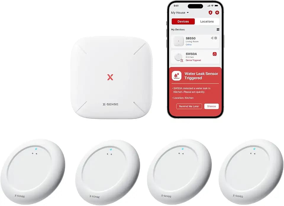 X-Sense Ultra-Slim Wi-Fi Water Leak Detector, 4 Sensors + Base, SWS0A41