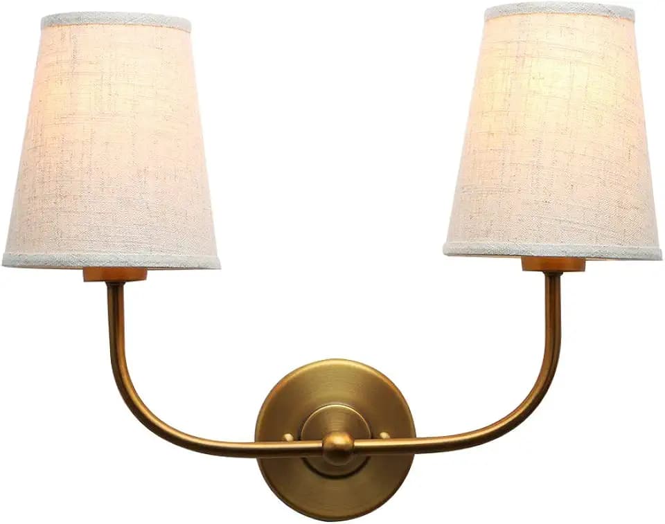 PERMO Vintage Double Sconce Large Antique 2-Lights Sconces with Flared Funnel Linen Beige Fabric Shade Hardwired Double Wall Sconce E26 Base