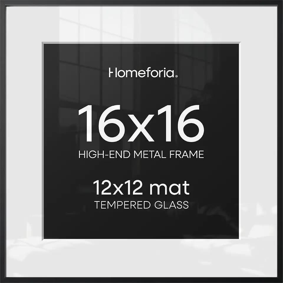 Homeforia 16x16 Black Picture Frame, High-End Metal, 12x12 Mat, Glass