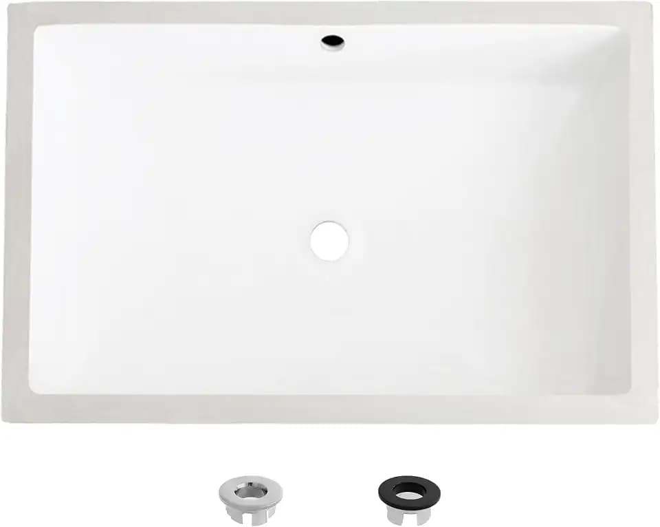 Stylish Undermount Bathroom Sink 24 1/2 Inch Rectangular Ceramic Porcelain Bathroom Sinks Enamel Glaze Finish Smooth and Stain Resistant Surface with Chrome and Matte Black Overflow, P-208