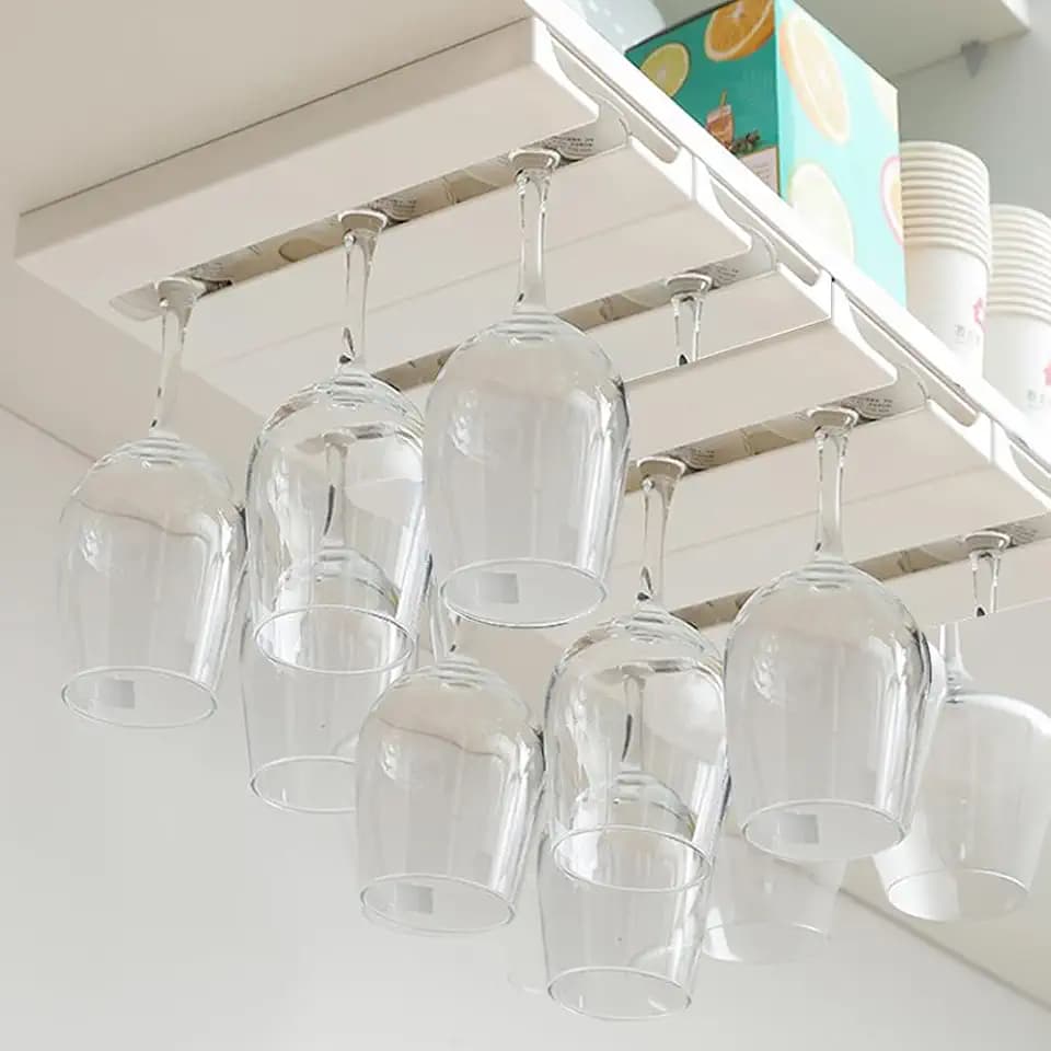 4 Pcs Wine Glass Holder Under Shelf or Cabinet Punch-free,Stemware Rack Glassware Drying Storage Hanger for Kitchen,Bar and Restaurant (White) 