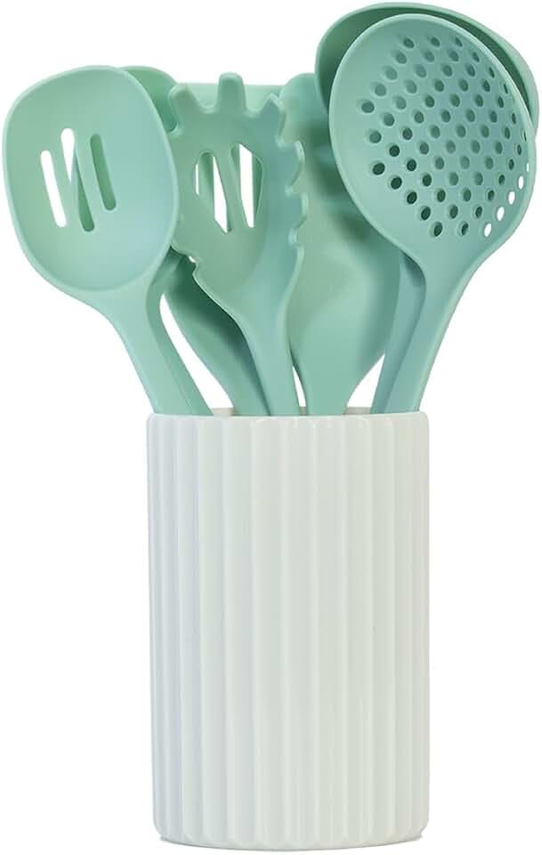 Glad Kitchen Utensils Set, 8pcs - Nonstick Cooking Tools with Utensil Holder - Nylon Spoon, Ladle, Skimmer, Spaghetti Server, and Turner Spatula Set - Dishwasher Safe, Teal Green