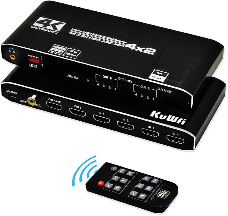 KuWFi HDMI Matrix Switch 4x2, KuWFi HDMI Switch unterstützt HDCP 2.2 IR-Fernbedienung HDMI Splitter 4x2 Spdif 4K HDMI Matrix Switch 4K@60Hz ARC Matrix