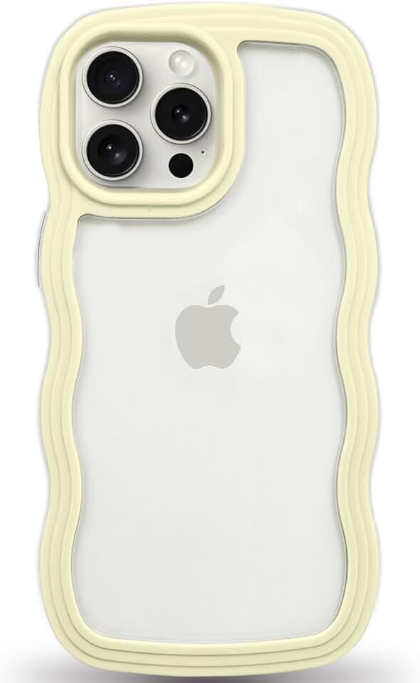 Anuck for iPhone 15 Pro Max Case Wavy Edge Clear Back Design, Anti-Slip Grip Cute Wave Curly Frame Shape Shockproof Soft TPU & Hard Bumper Protective Phone Case Cover for Women Girls, Yellow