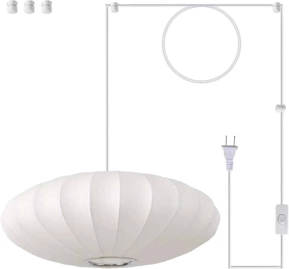 20in Plug in Pendant Light Lantern, White Imitation Silk 3-Light