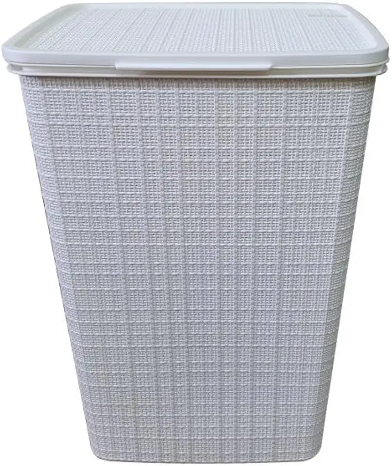 YBM Home Plastic Rattan Laundry Hamper Basket with Hinged Lid, Ventilation Holes, Durable, Lightweight Bin With Cutout Handles, Storage Dirty Clothes, Space Saver, 16.75" x 13.5" x 23.75", White