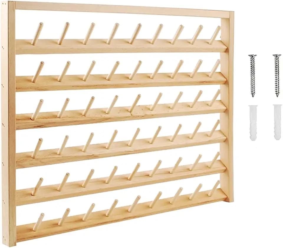 NW 54 Spools Wooden Thread Holder Sewing and Embroidery Thread Rack and Organizer Thread Rack for Sewing with Hanging Hooks for Wall