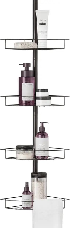 Zenna Home Tension Pole Shower Caddy Corner Organizer, Adjustable Standing Shower Caddy with 4 Baskets and Towel Bar, Rust Resistant Bathroom Tension Rod Organizer, 60 to 97 Inch, Bronze