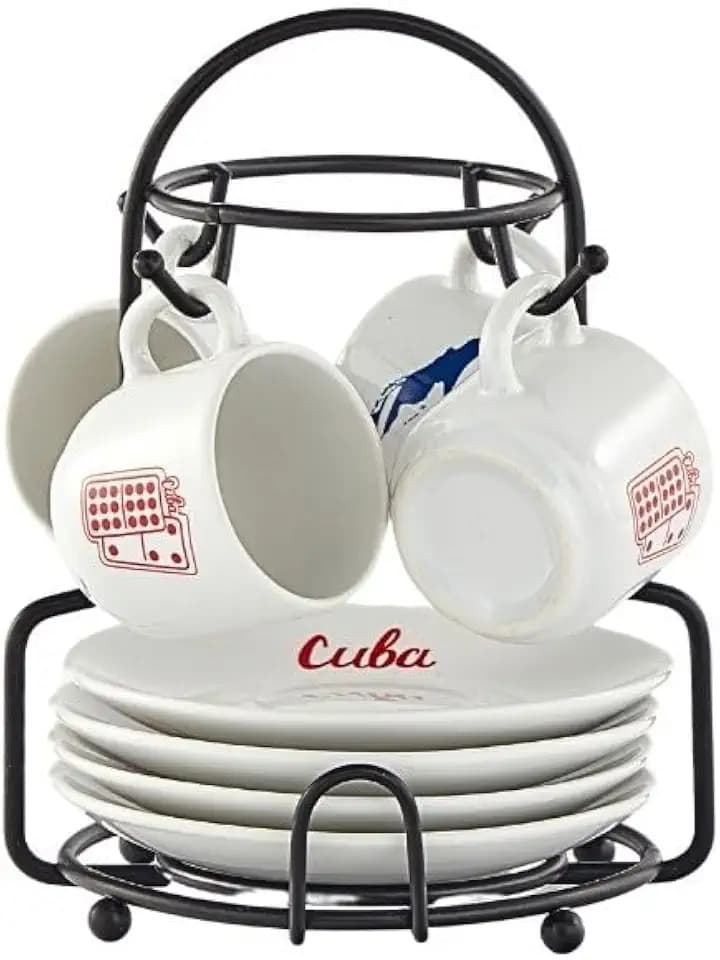 IMUSA 8 Piece Stoneware 1.5 Oz Cuba Espresso Coffee Set with Rack, White