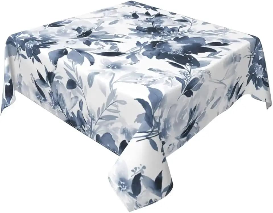Navy Blue Floral Tablecloth 54x54 Inch Square, Dark Blue and White Flower Tablecloths Tablecloths Polyester Spring Table Cloth for Holiday Parties Kitchen Dining Indoor Outdoor