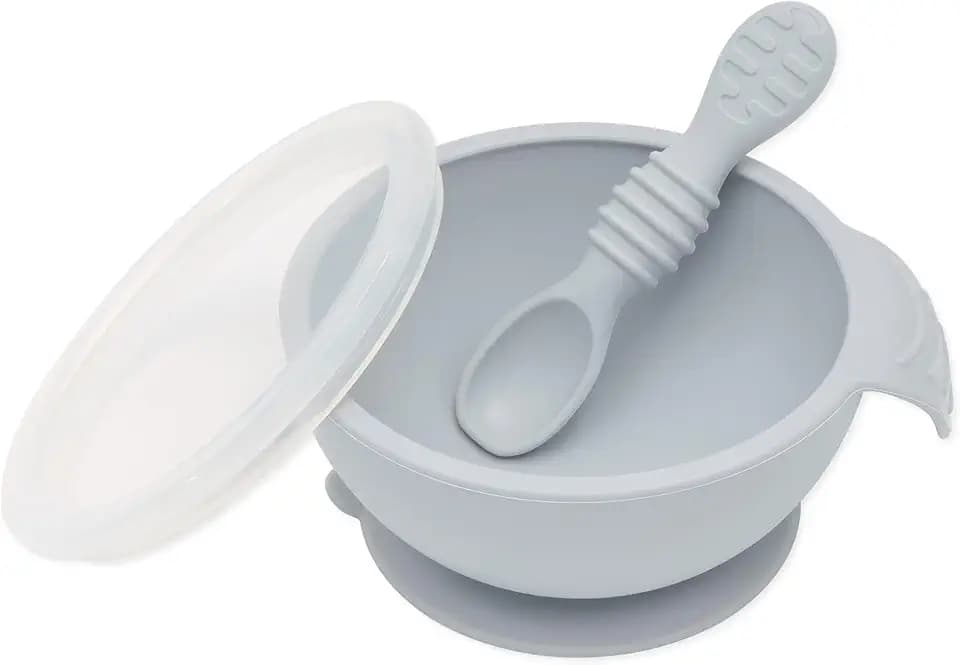 Bumkins Baby Bowl, Silicone Feeding Set with Suction for Baby and Toddler, Includes Spoon and Lid, First Feeding Set, Training Essentials for Baby Led Weaning for Babies 4 Months Up, Gray