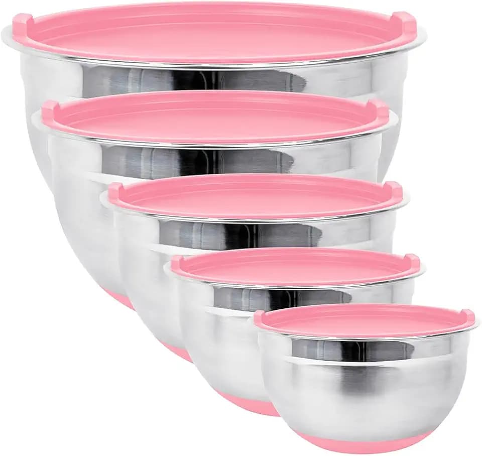 Stainless Steel Mixing Bowls with Lids and Non Slip Bases (Set of 5, Pink)