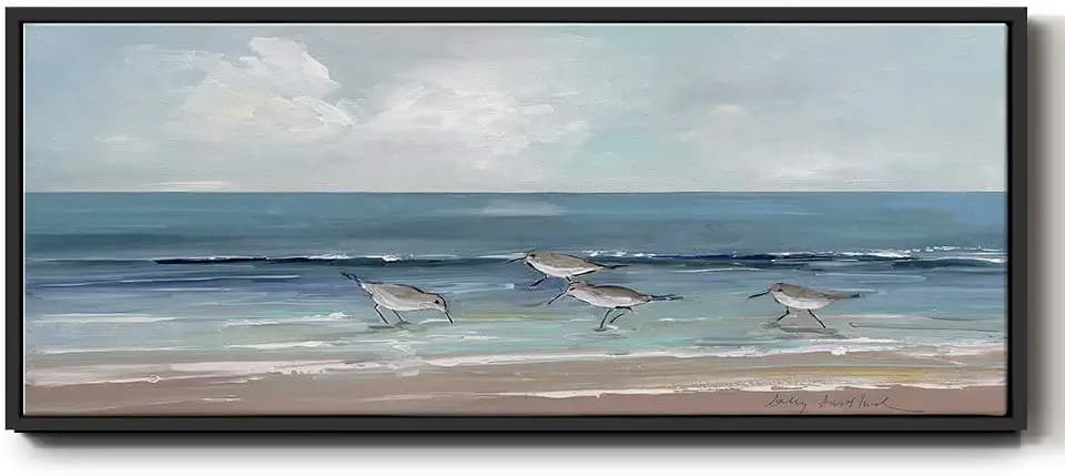 Renditions Gallery Floater Framed Art For Home Sandpipers Birds Scene Artwork Wall Decoration for Bedroom Lounge Office Kitchen - 20"x50" Black Frame LT615