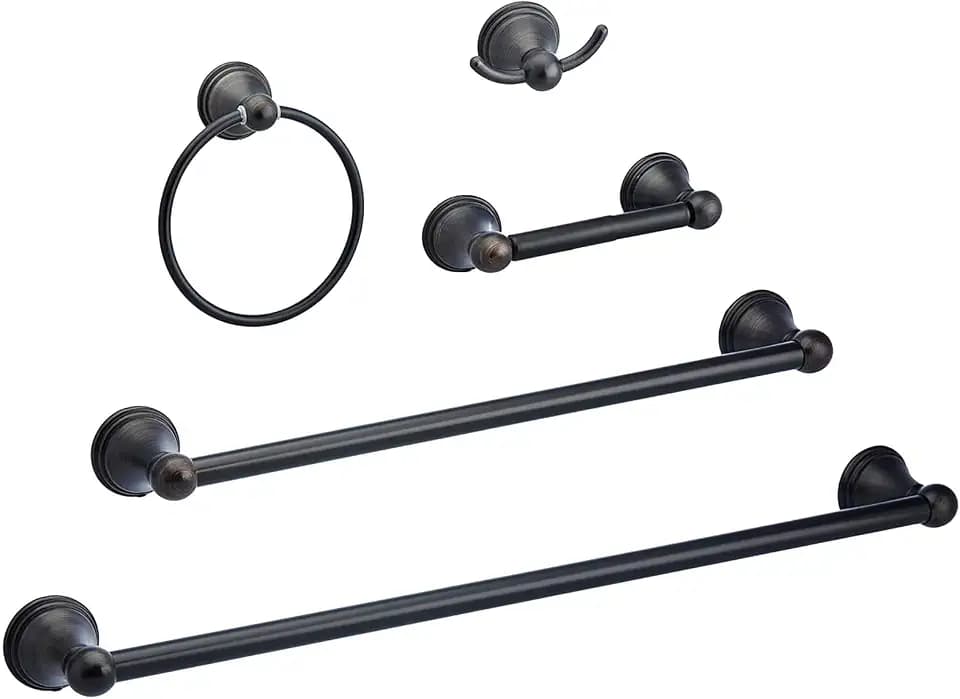 Amazon Basics Modern 5 Piece Bathroom Hardware Set, Oil Rubbed Bronze, Towel Bar, Toilet Paper Holder, Towel Ring, Robe Hook