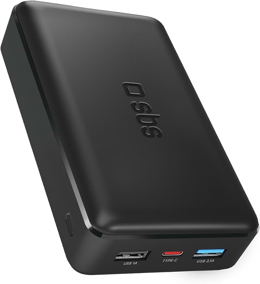 SBS Power Bank Ladegerät 20000 mAh, 1 x 10W USB-A Port und 1 x 5W, 1 x 10W USB-C, schlank, leicht, lädt bis zu 8 mal Smartphone und 4 mal Tablet