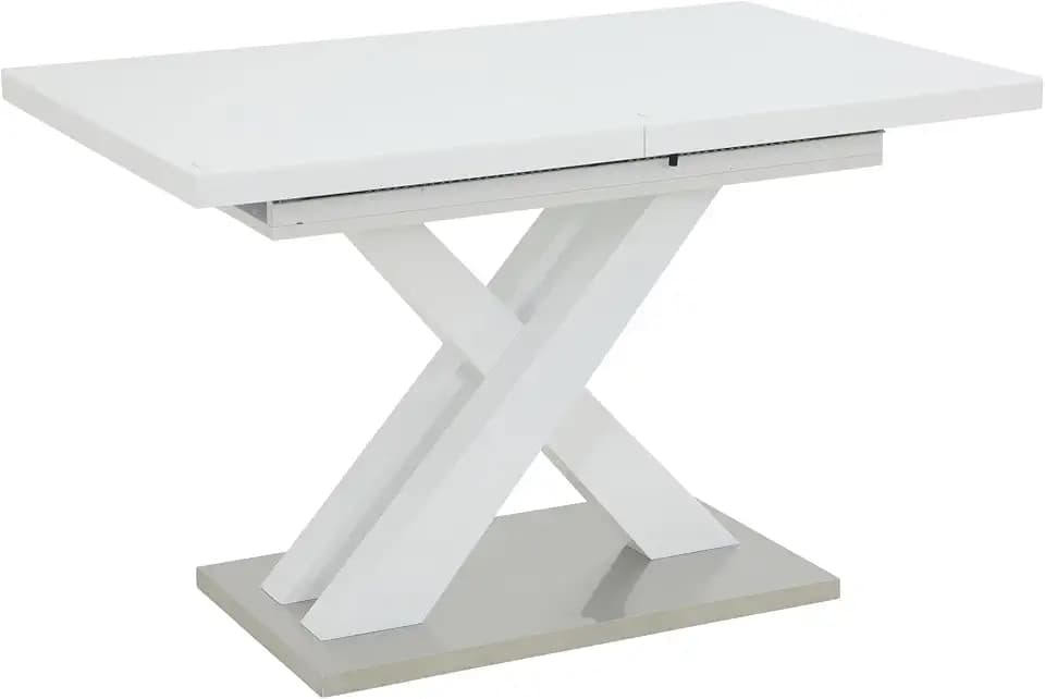 Hela Tische, Säulentisch Elvira, Holzwerkstoff lakiert, Hochglanz Weiß + 4mm Glasplatte, Bodenplatte Edelstahl, ausziehbar 120-160x80cm