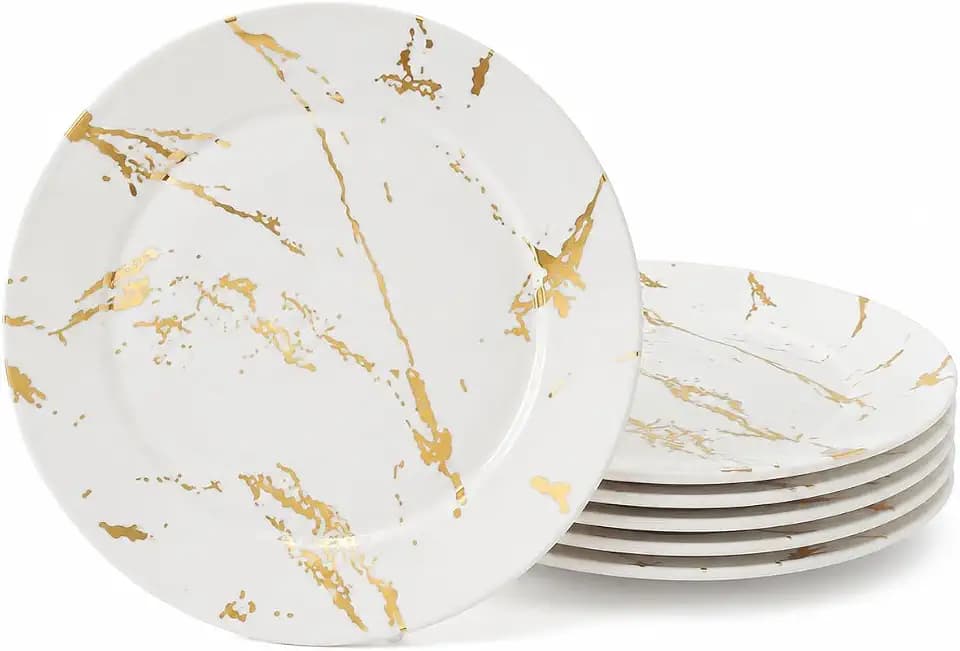10-Inch Ceramic Dinner Plates Set of 6, White Gold Marble