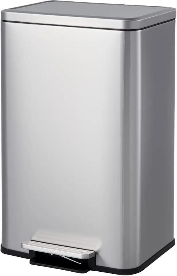 Garvee Kitchen Trash Can, 13 Gallon Stainless Steel Garbage Can with Quiet Soft-Close Lid, Foot Pedal & Removable Inner Bucket, Rectangular Step Waste Bin for Living Room Office Bedroom, Silver