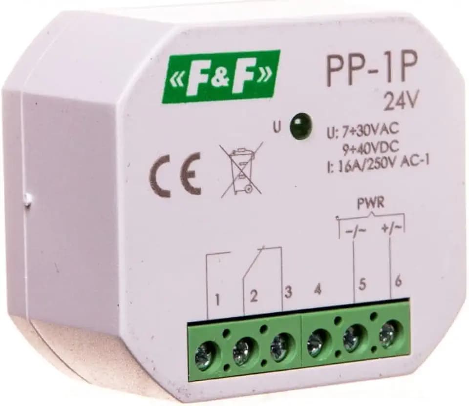 Elektromagnetisches Relais 1P 16A 7-30V AC/9-40V DC PP-1P-24V f&f 5908312598527