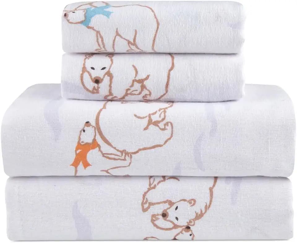 Flannel Sheets Queen Size Rich Cotton -High GSM Flannel Bed Sheet Deep Pockets - Warm & Cozy Flannel Sheet Set for All Seasons (Snow Bear)