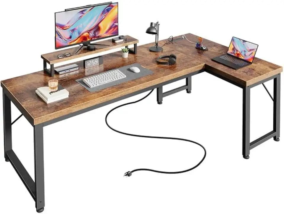 PRAISUN 61" L Shaped Computer Desk, Outlets, Monitor Stand, Rustic Brown