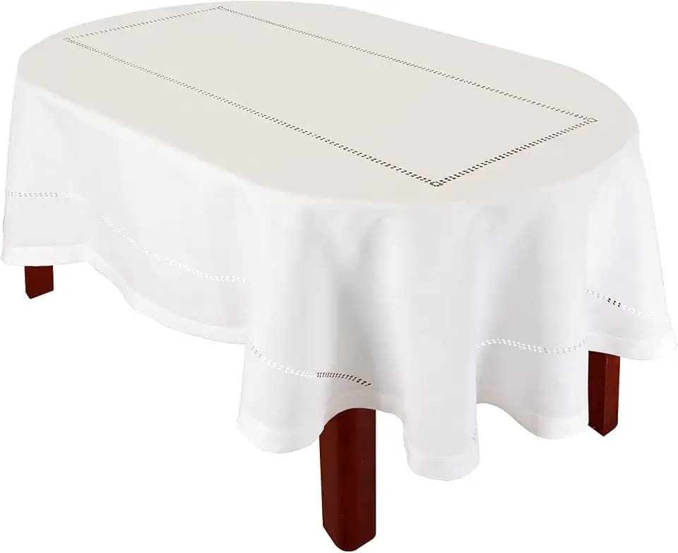 Grelucgo Solid Color Double Hemstitched Dining Tablecloth (Off White, Oval 60x84 inches)