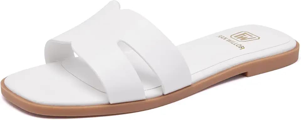 FW FRAN WILLOR Women's Flat Sandals Dressy Comfortable Slide Sandals Fashion Slip On Square Open Toe Beach Sandals for Summer