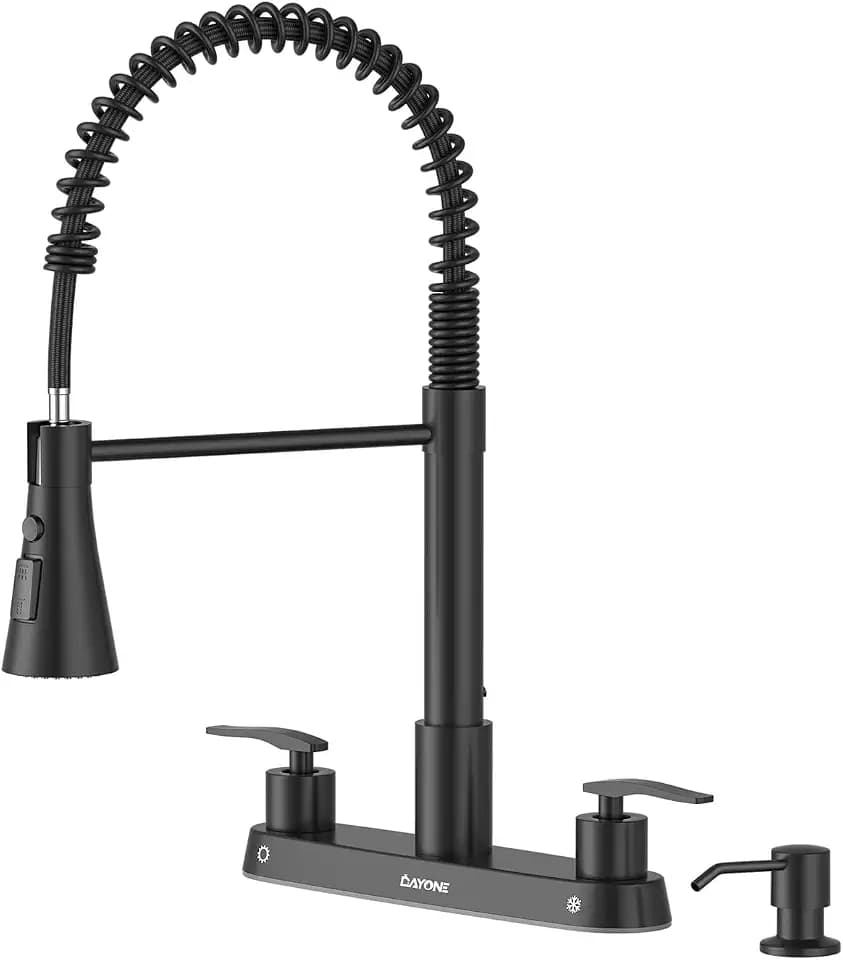 DAYONE Two Handles Kitchen Faucet with Pull Down Sprayer and Soap Dispenser, Spring Matte Black Pull Out Kitchen Sink Faucet for 3/4 Holes Sink, High Arc Stainless Steel Faucet for Kitchen Bar RV