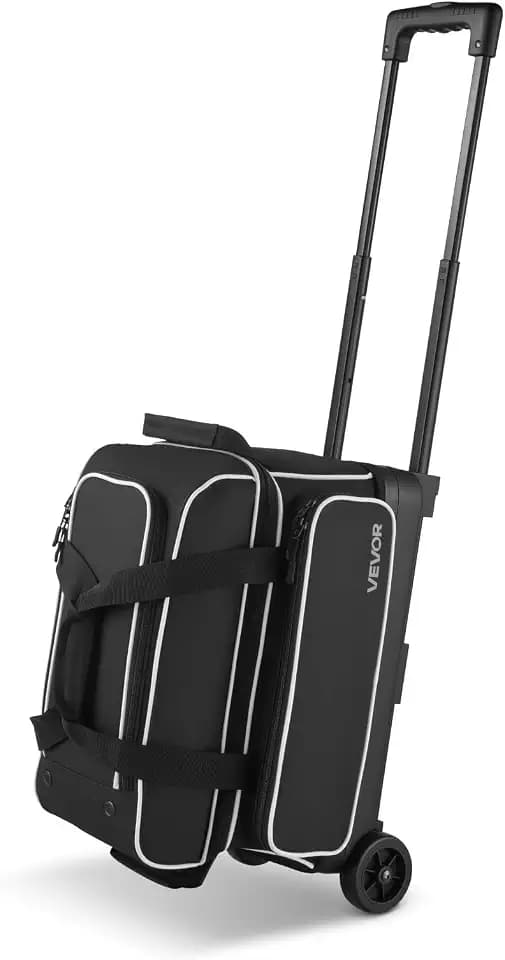VEVOR Bowling Ball Bag, 2-Ball Bowling Bag with Wheels, Featuring a Separate Compartment for Shoes (Up to US Size 16) & Accessory Pocket, Retractable Handle Extends to 41.32 in