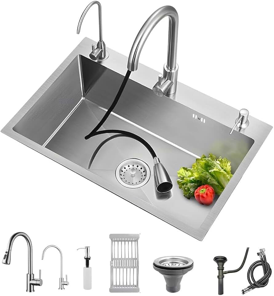 ARTLINE Stainless Steel Kitchen Sink, Drop In Single Bowl Sink, Topmount Workstation Sink with Sliding Accessories, Farmhouse Workstation sink with Multiple Accessories (25.6 x 17.7in)