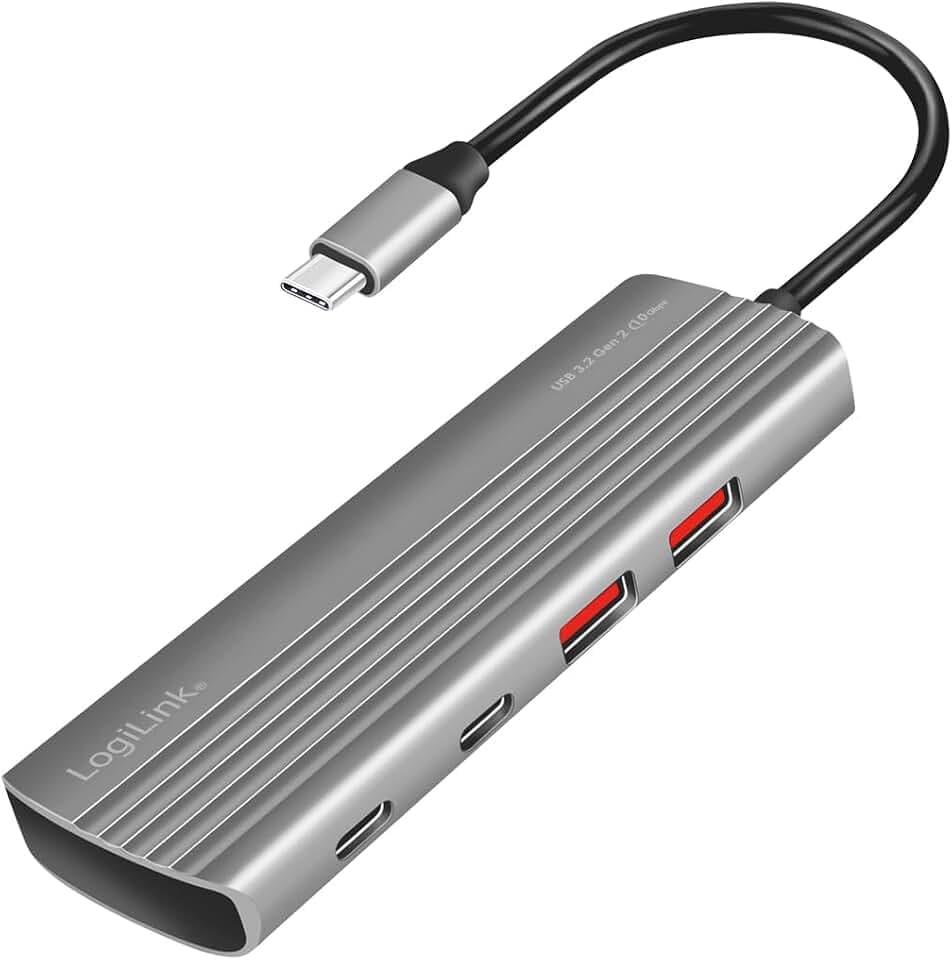 LogiLink UA0414 - Ultra-Slim USB 3.2 Gen2 Hub, 2X USB-A, 5X USB-C, mit PD (Power Delivery), 100 W, Space Grau