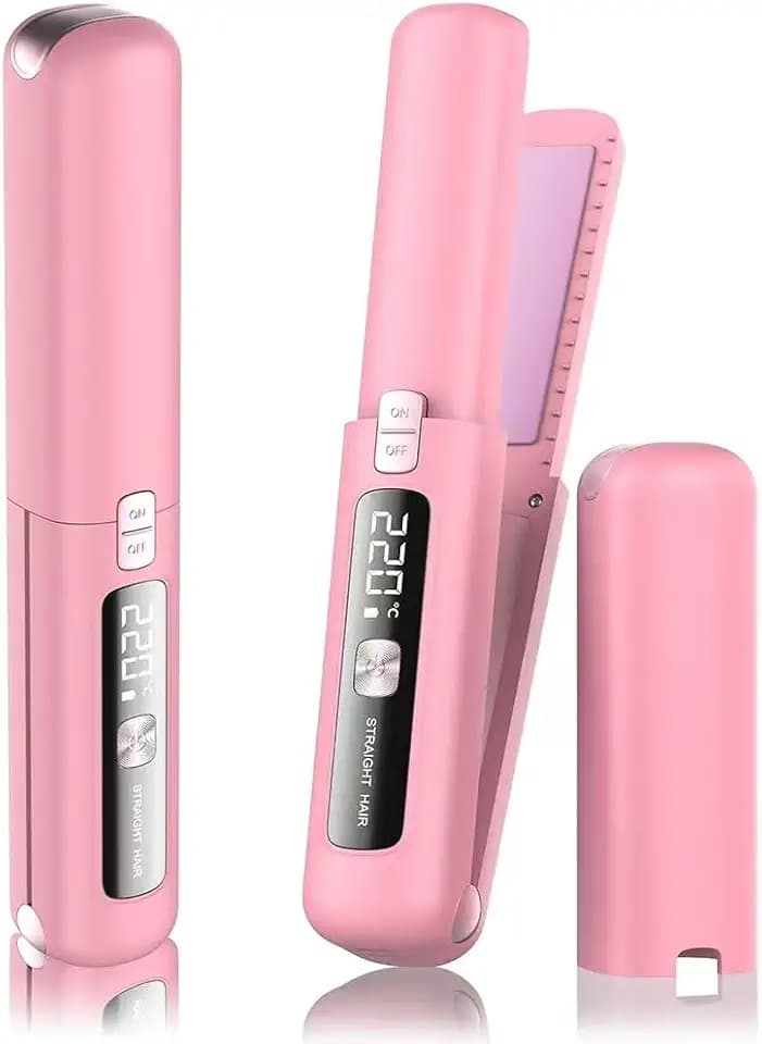 Cordless Hair Straightener and Curler 2 in 1, Mini, Lightweight and Small,USB Rechargeable with 4500mAh Battery, 10s Fast Heating, Portable Ceramic Flat Iron for Travel (Pink)