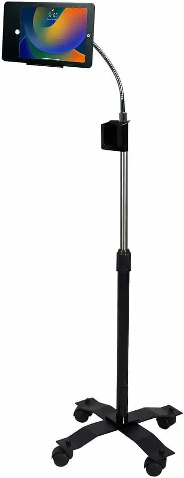 Kompakter, höhenverstellbarer Tablet-Bodenständer mit Schloss und Schlüssel, Flexibler Schwanenhals, Teleskopstange und optionalen Rädern, kompatibel mit iPad (Gen. 5-6), iPad Pro 9.7 und iPad Air