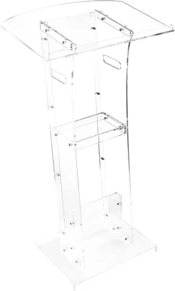 VEVOR Podium Stand, 43-Inch Acrylic Lectern, Portable Laptop Desk with Wide Reading Surface and Storage Shelf, Book Stopper, Floor-Standing, for Classroom, Wedding, Conference, Lecture and Concert