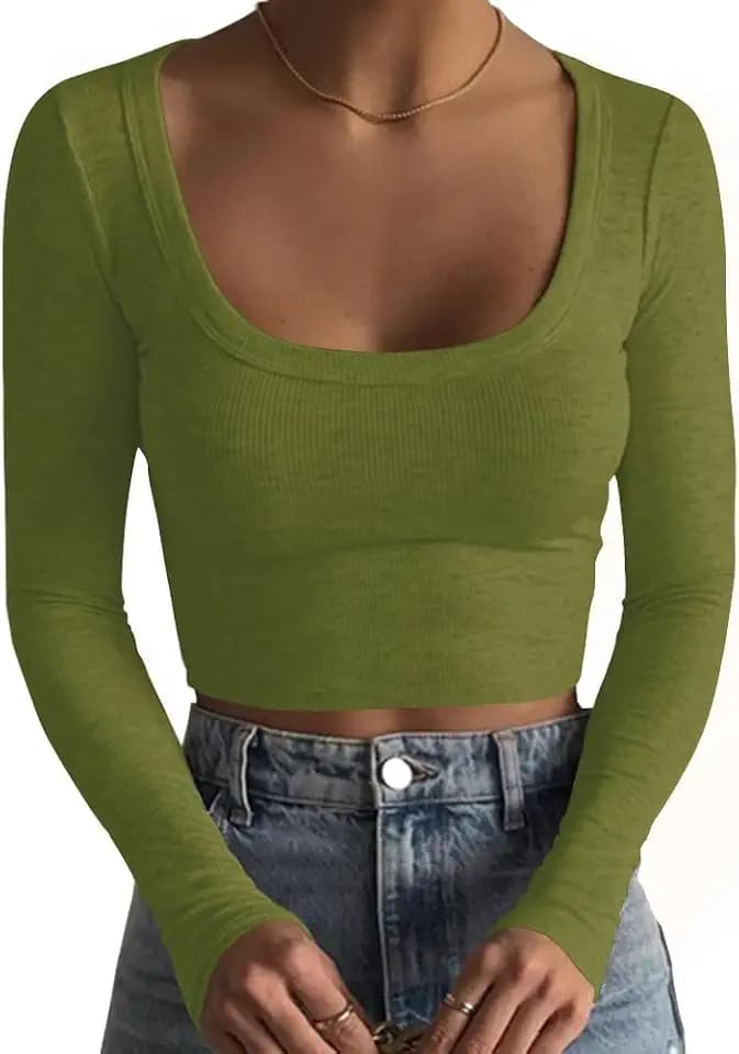 Artfish Women's Square Neck Long Sleeve Ribbed Slim Fitted Casual Basic Crop Top