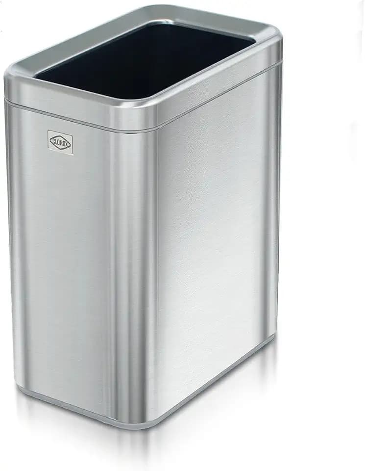 Clorox Slim Open Trash Can - 2.6 Gallon (10 Liter) Small Metal Waste Basket with Removable Bucket for Narrow Spaces - Stainless Steel Garbage Bin for Bathroom, Bedroom, or Office