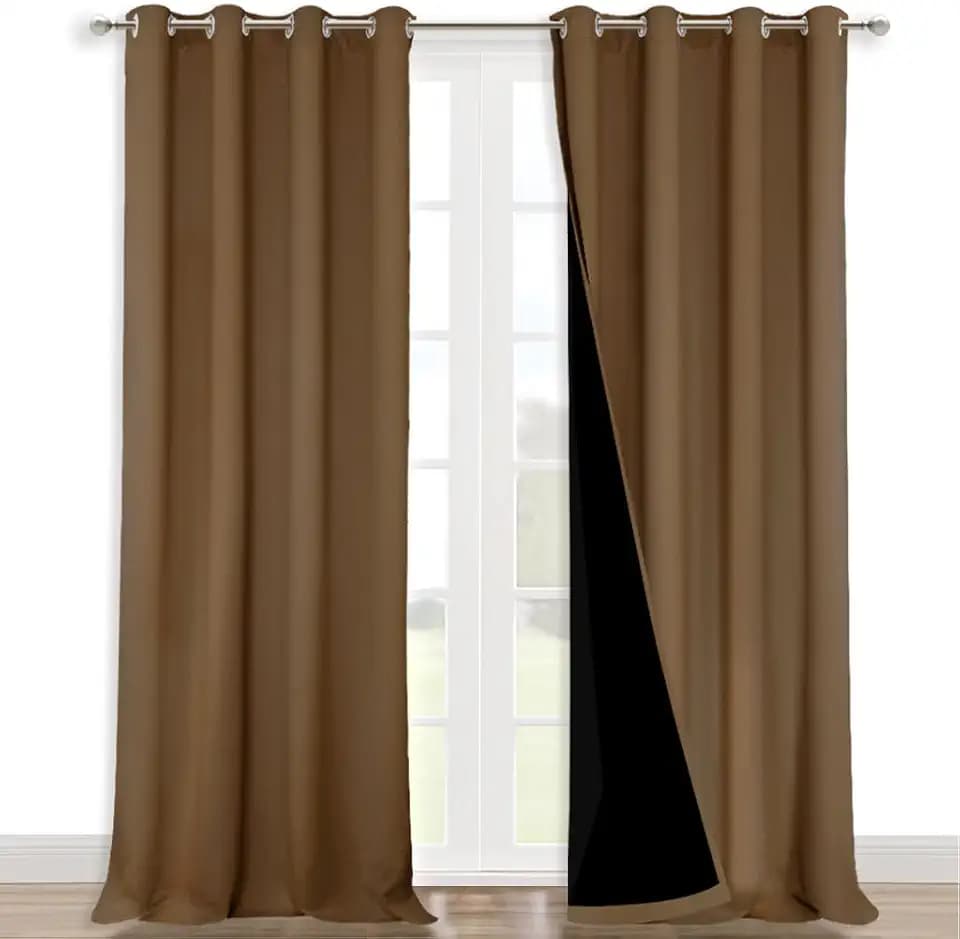 NICETOWN Full Shading Curtains 90" Long 2 Panels Set for Windows, Gold Brown, Pack of 2, 52" W, Super Heavy-Duty Black Lined Blackout Curtains for Bedroom, Privacy Assured Window Treatment