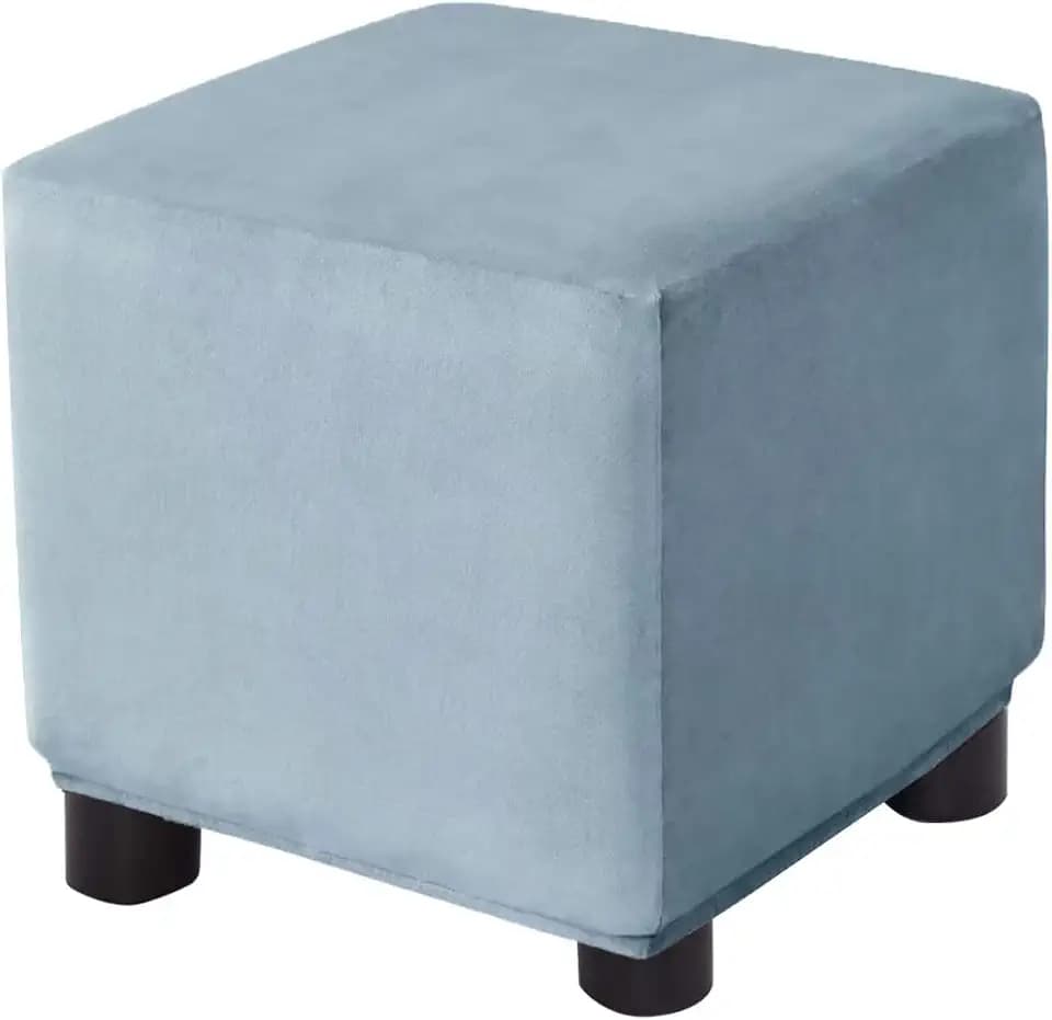 Ottoman Cover Square Velvet Storage Ottoman Slipcovers Thick Stretch Footrest Foot Stool Covers Protector with Elastic Band(Small-Light Blue)