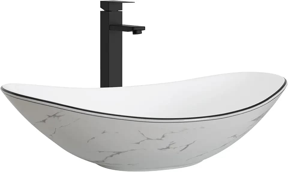 Ceramic Bathroom Sink, White Marble Boat Shape Above Counter Porcelain Vessel Sink